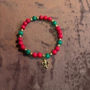 Flour de les Red and Green Beaded Bracelet with Charm